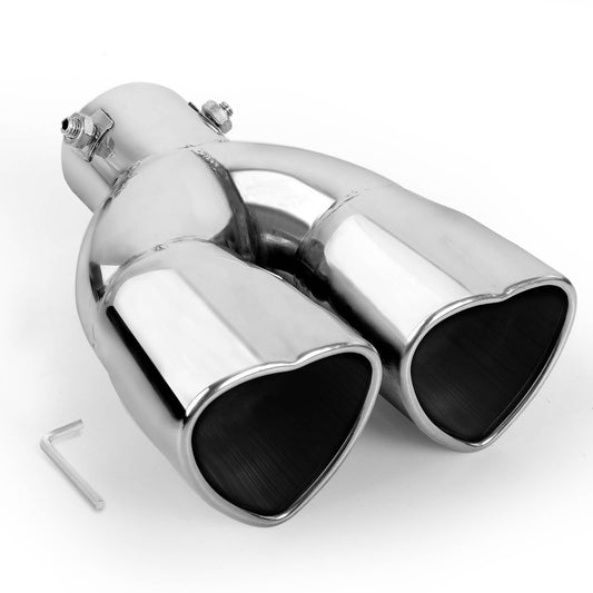 Chrome Silver Dual Heart Shaped Exhaust Tip, 2.5" Clamp-On Tailpipe Tip