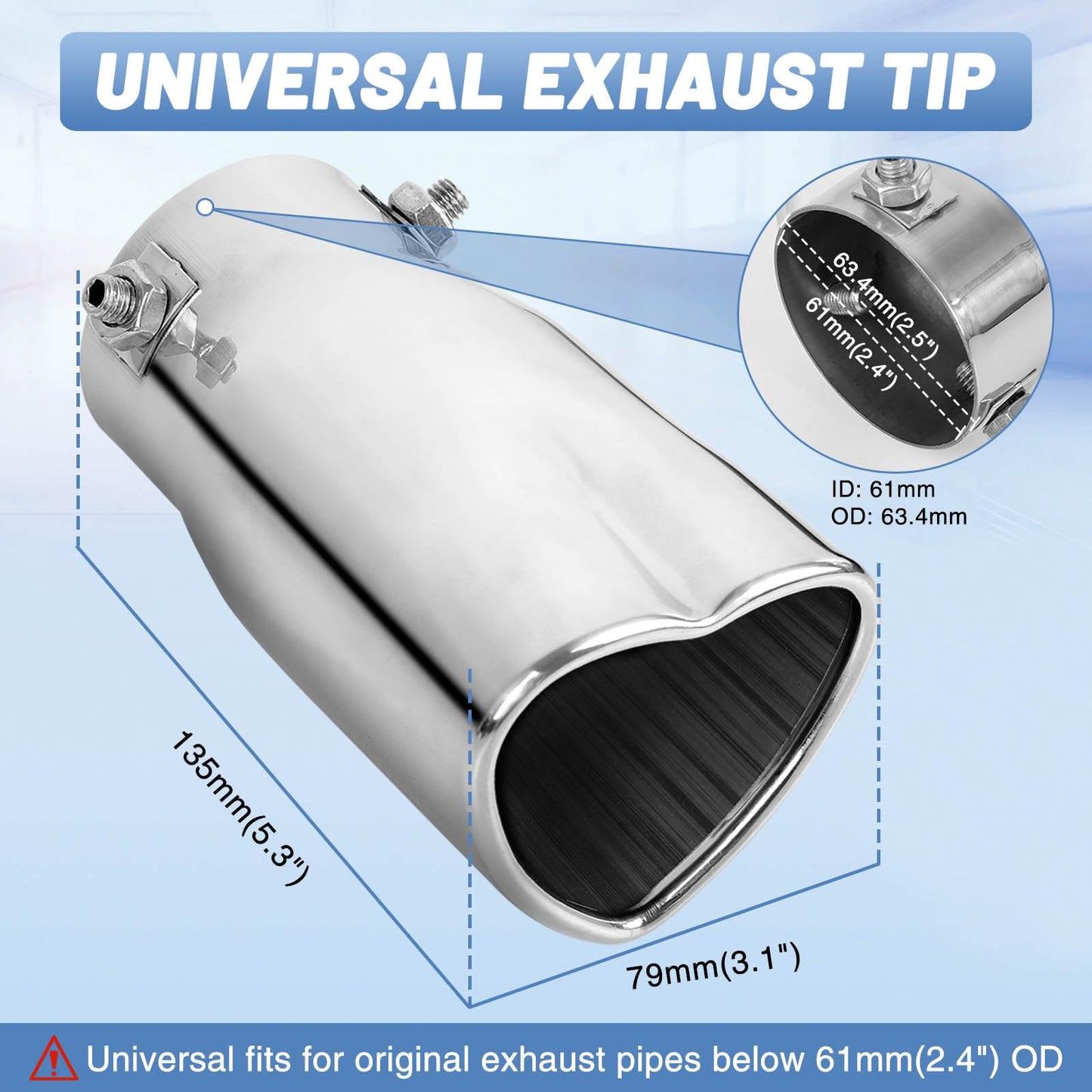 Chrome Silver Single Heart Shaped Exhaust Tip, 2.5" Clamp-On Tailpipe Tip