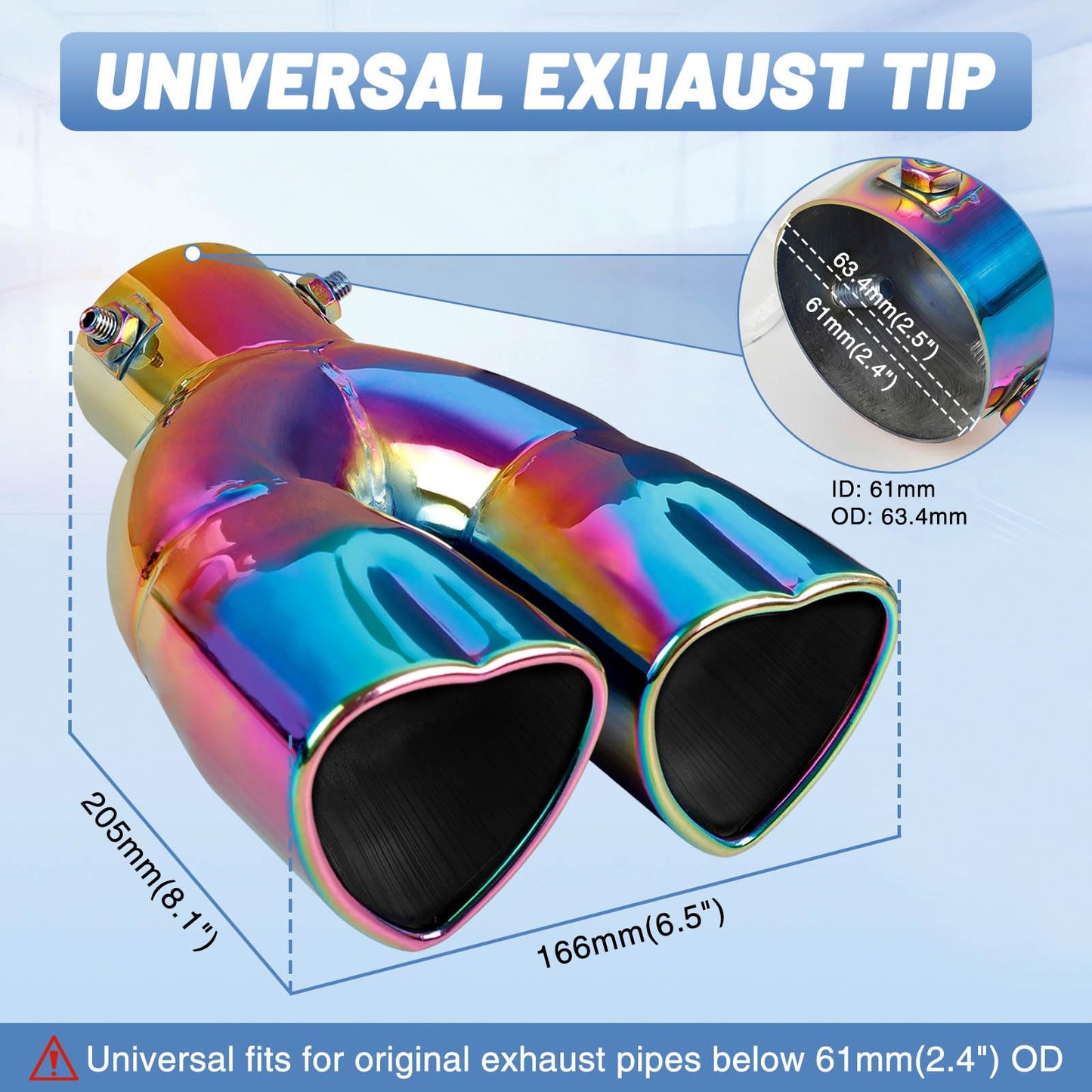 Rainbow Dual Heart Shaped Exhaust Tip, 2.5" Clamp-On Tailpipe Tip