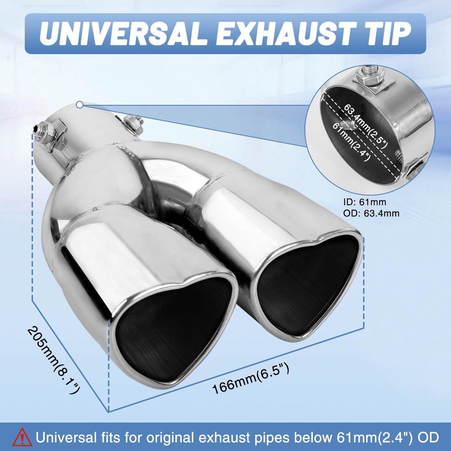 Chrome Silver Dual Heart Shaped Exhaust Tip, 2.5" Clamp-On Tailpipe Tip