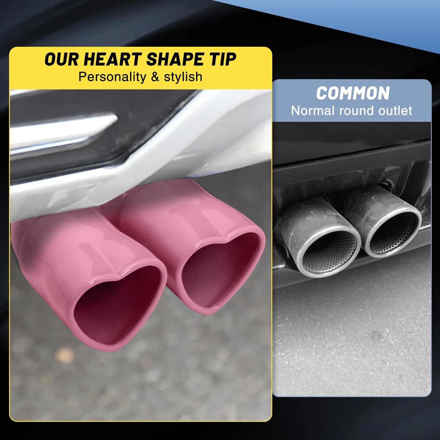Pink Dual Heart Shaped Exhaust Tip, 2.5" Clamp-On Tailpipe Tip