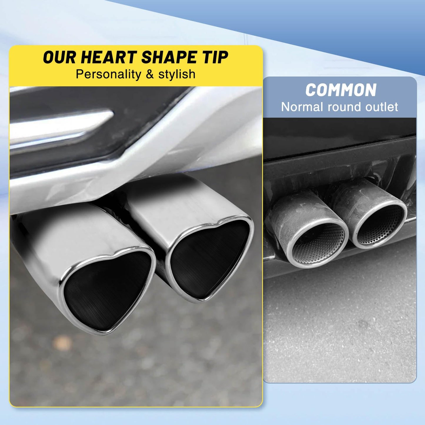 Chrome Silver Dual Heart Shaped Exhaust Tip, 2.5" Clamp-On Tailpipe Tip