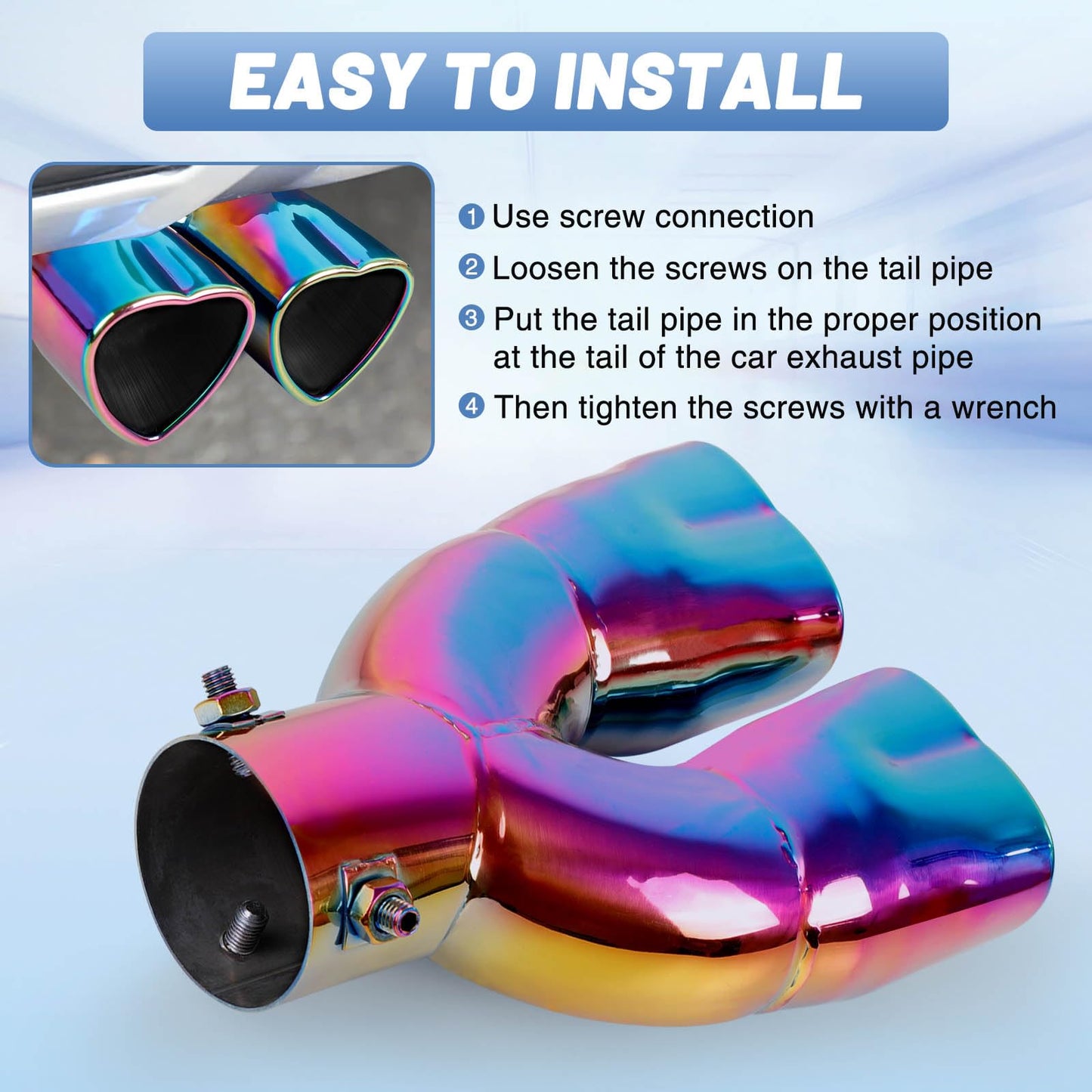 Rainbow Dual Heart Shaped Exhaust Tip, 2.5" Clamp-On Tailpipe Tip