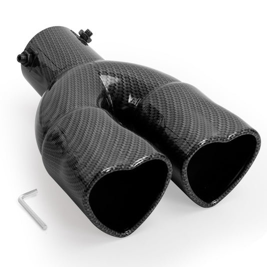 Carbon Fiber Style Dual Heart Shaped Exhaust Tip, 2.5" Clamp-On Tailpipe Tip