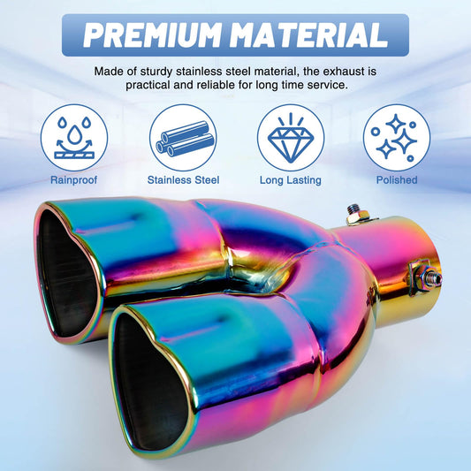 Rainbow Dual Heart Shaped Exhaust Tip, 2.5" Clamp-On Tailpipe Tip