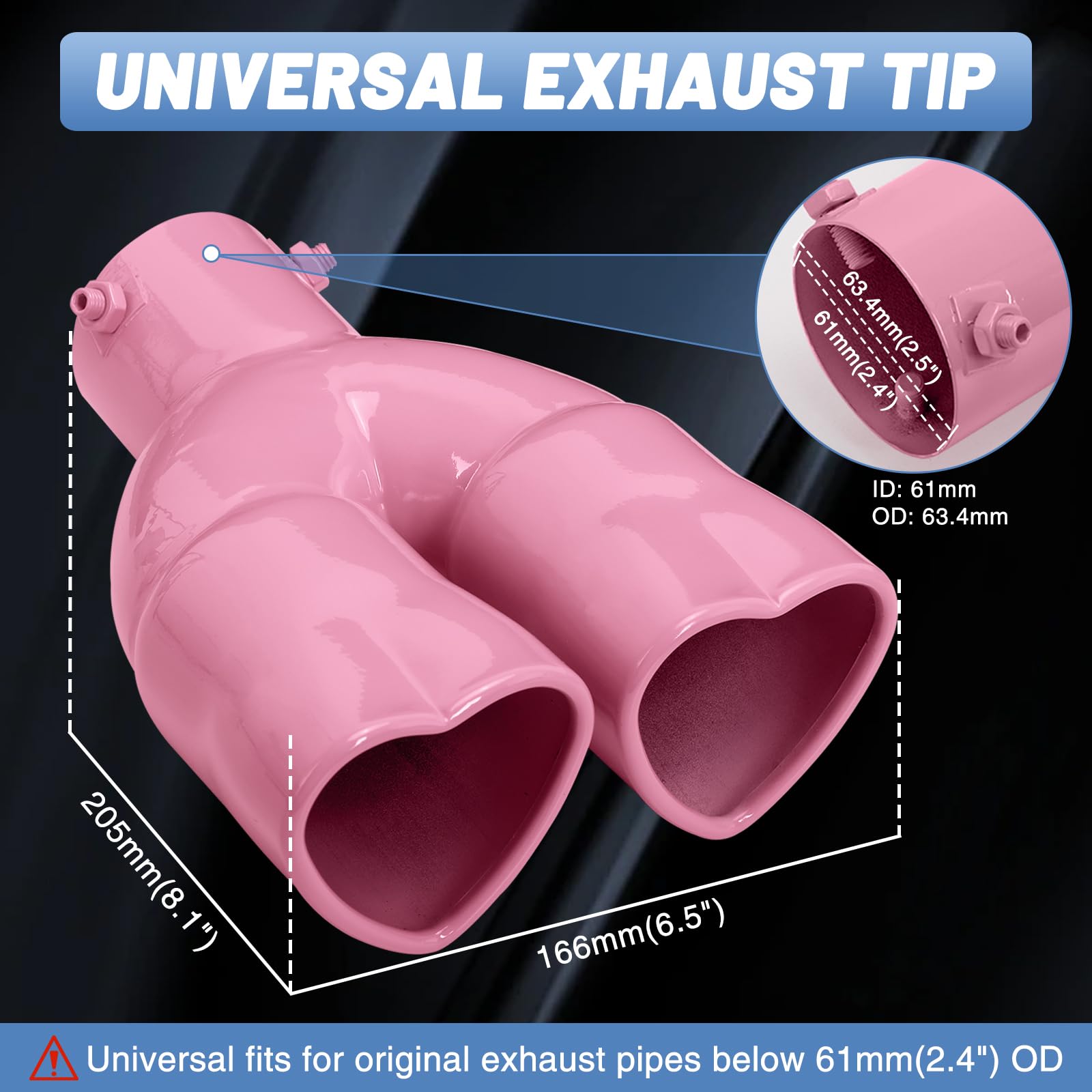 Pink Dual Heart Shaped Exhaust Tip, 2.5" Clamp-On Tailpipe Tip