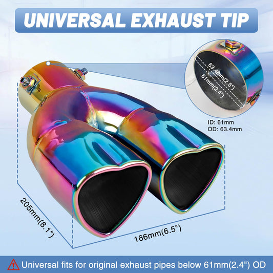Rainbow Dual Heart Shaped Exhaust Tip, 2.5" Clamp-On Tailpipe Tip