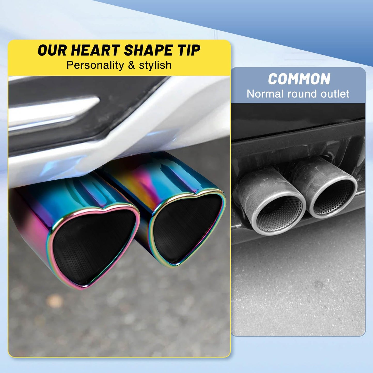 Rainbow Dual Heart Shaped Exhaust Tip, 2.5" Clamp-On Tailpipe Tip