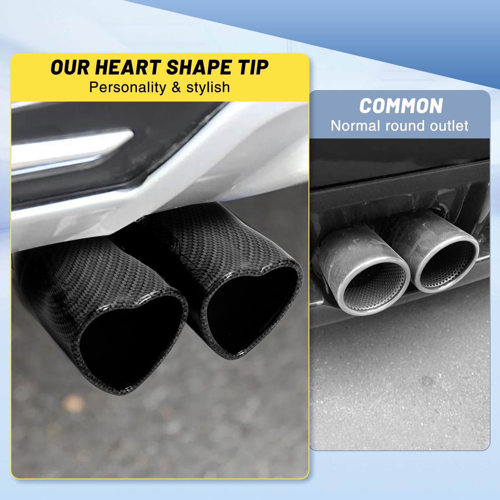 Carbon Fiber Style Dual Heart Shaped Exhaust Tip, 2.5" Clamp-On Tailpipe Tip
