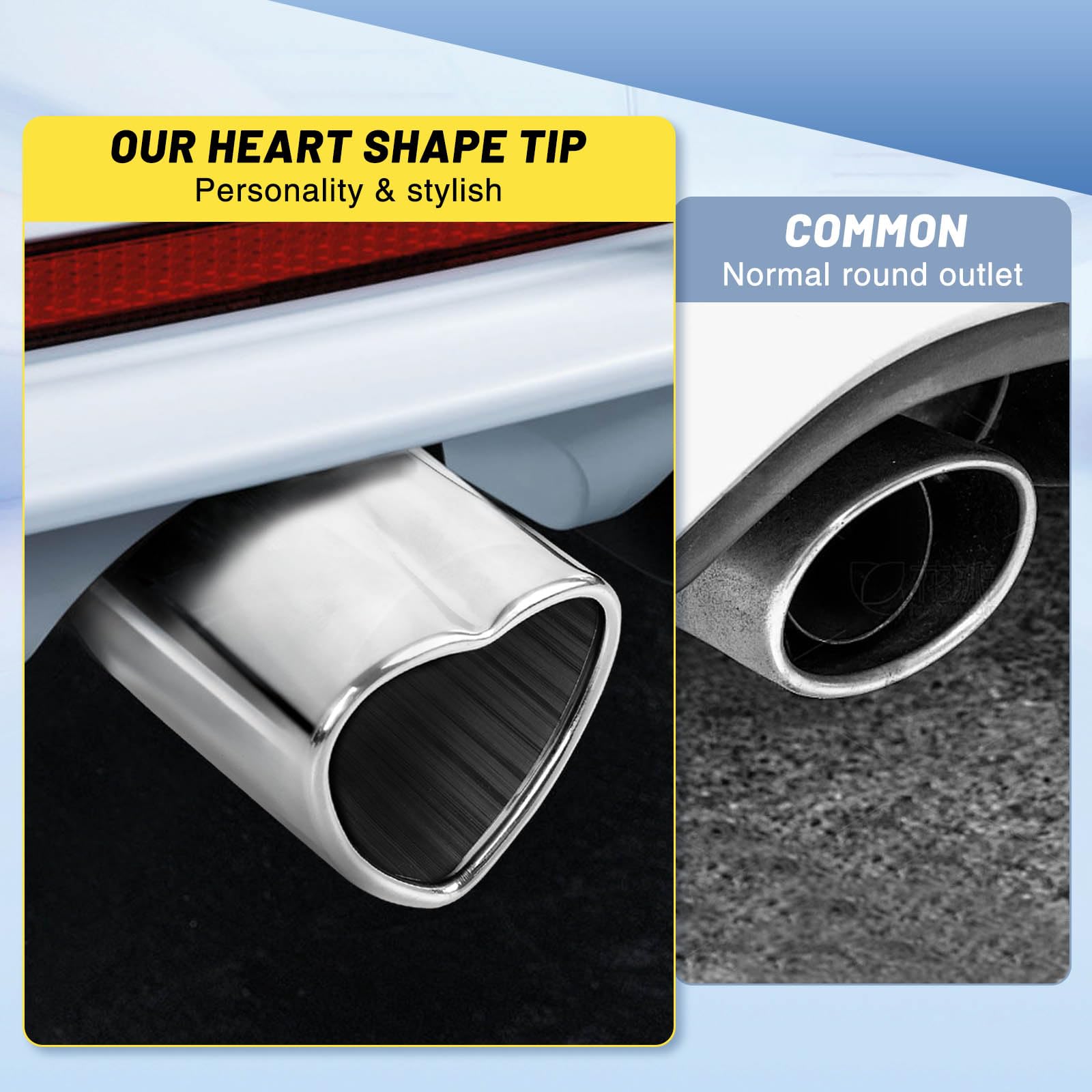Chrome Silver Single Heart Shaped Exhaust Tip, 2.5" Clamp-On Tailpipe Tip
