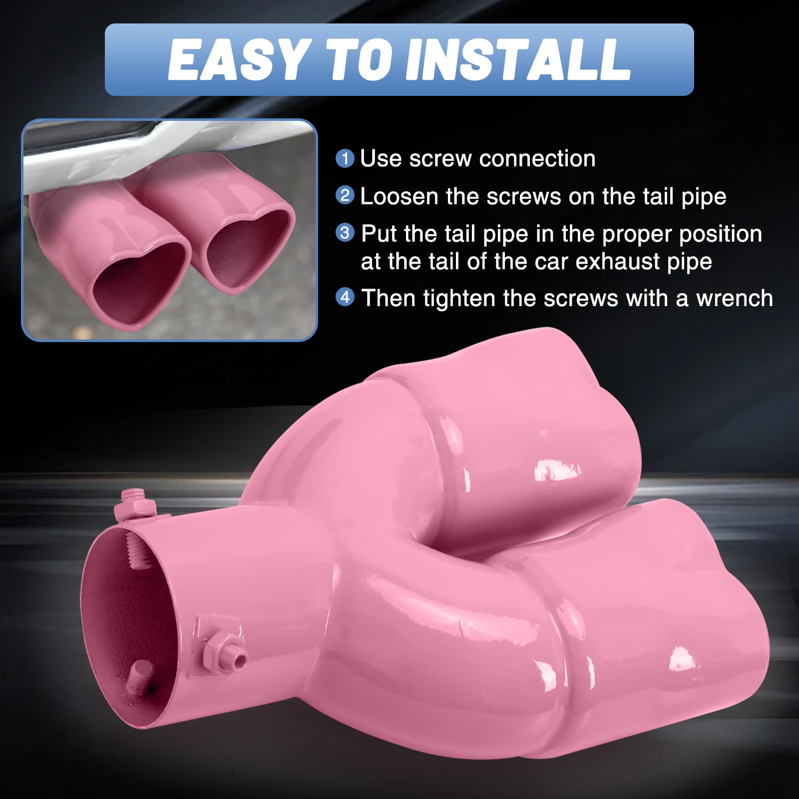 Pink Dual Heart Shaped Exhaust Tip, 2.5" Clamp-On Tailpipe Tip