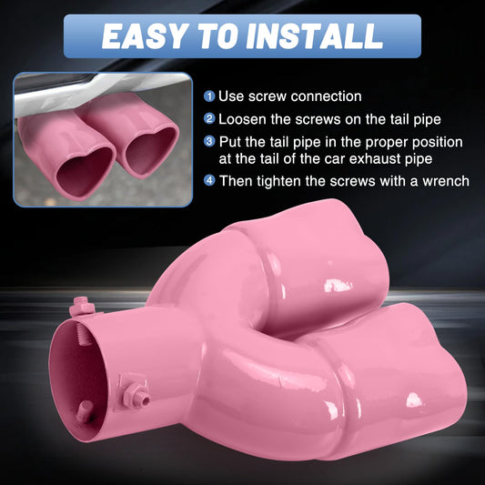 Pink Dual Heart Shaped Exhaust Tip, 2.5" Clamp-On Tailpipe Tip