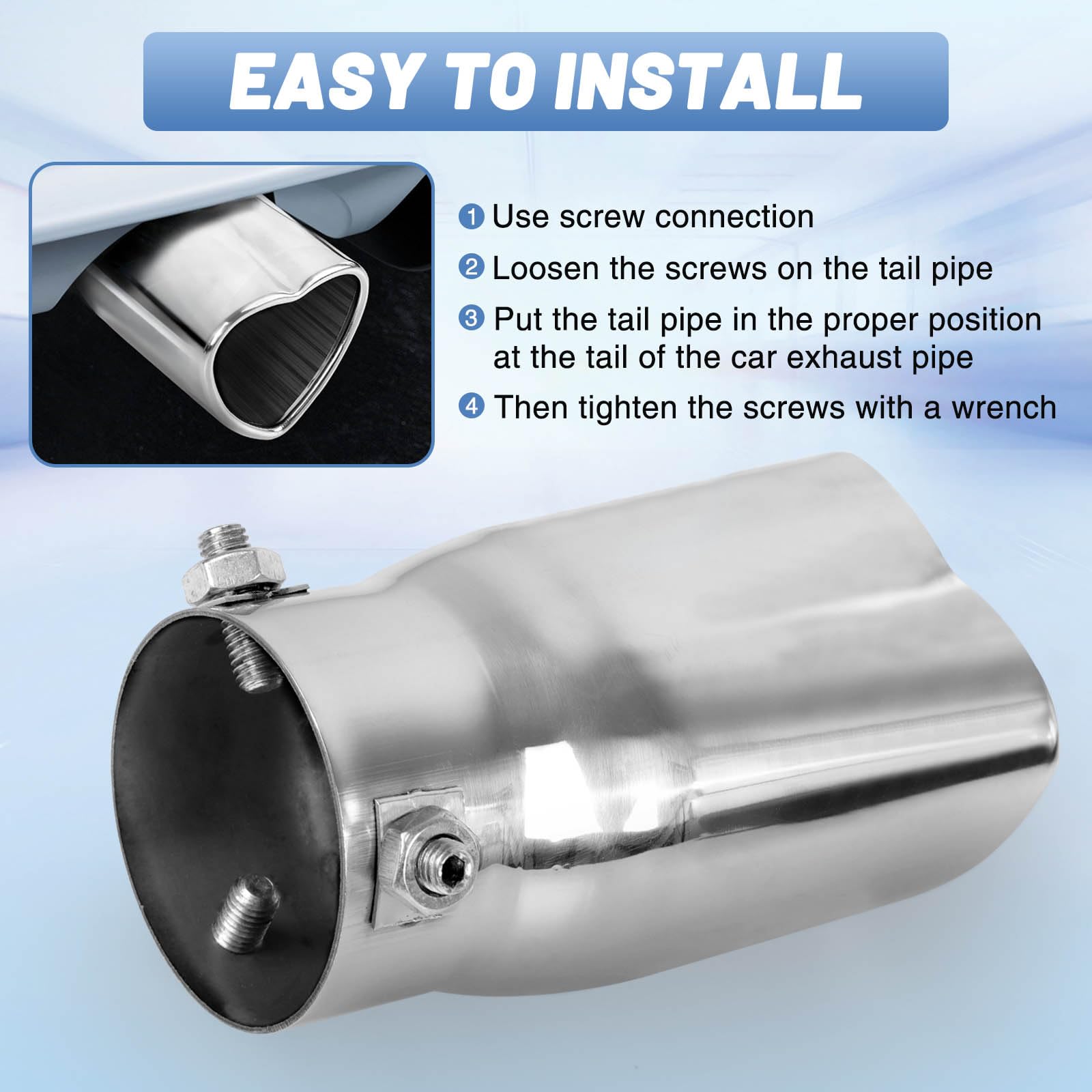 Chrome Silver Single Heart Shaped Exhaust Tip, 2.5" Clamp-On Tailpipe Tip