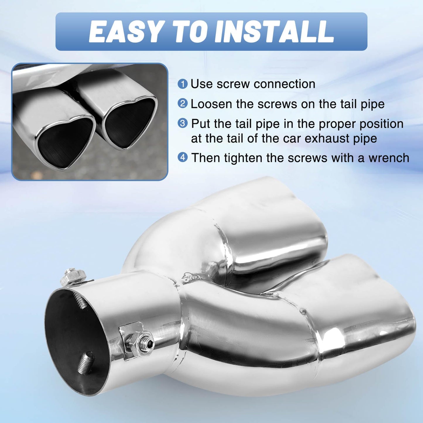 Chrome Silver Dual Heart Shaped Exhaust Tip, 2.5" Clamp-On Tailpipe Tip