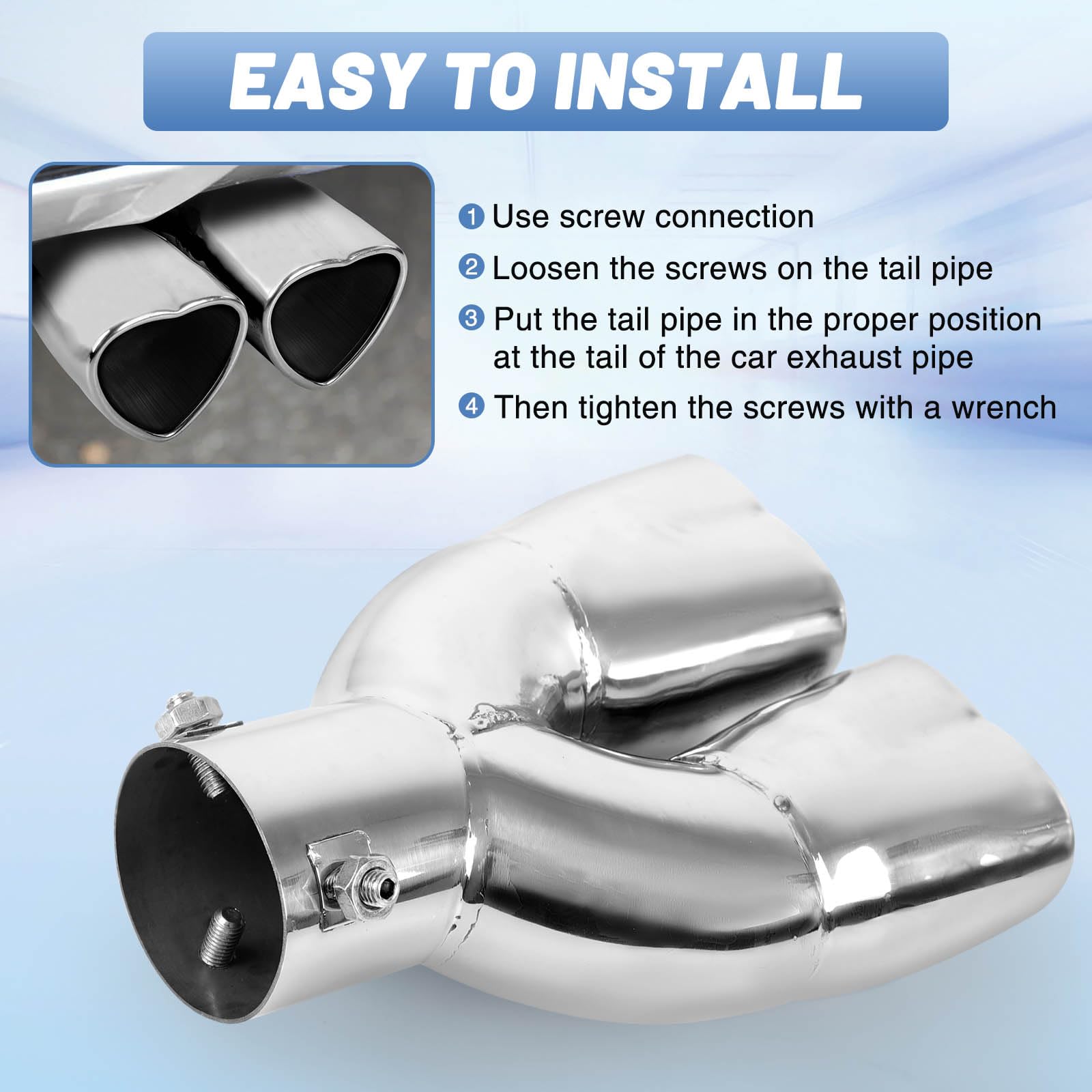 Chrome Silver Dual Heart Shaped Exhaust Tip, 2.5" Clamp-On Tailpipe Tip